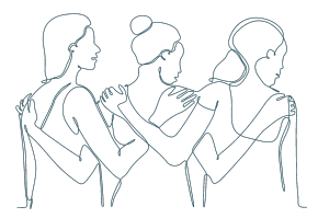 line drawing of three women with arms intertwined