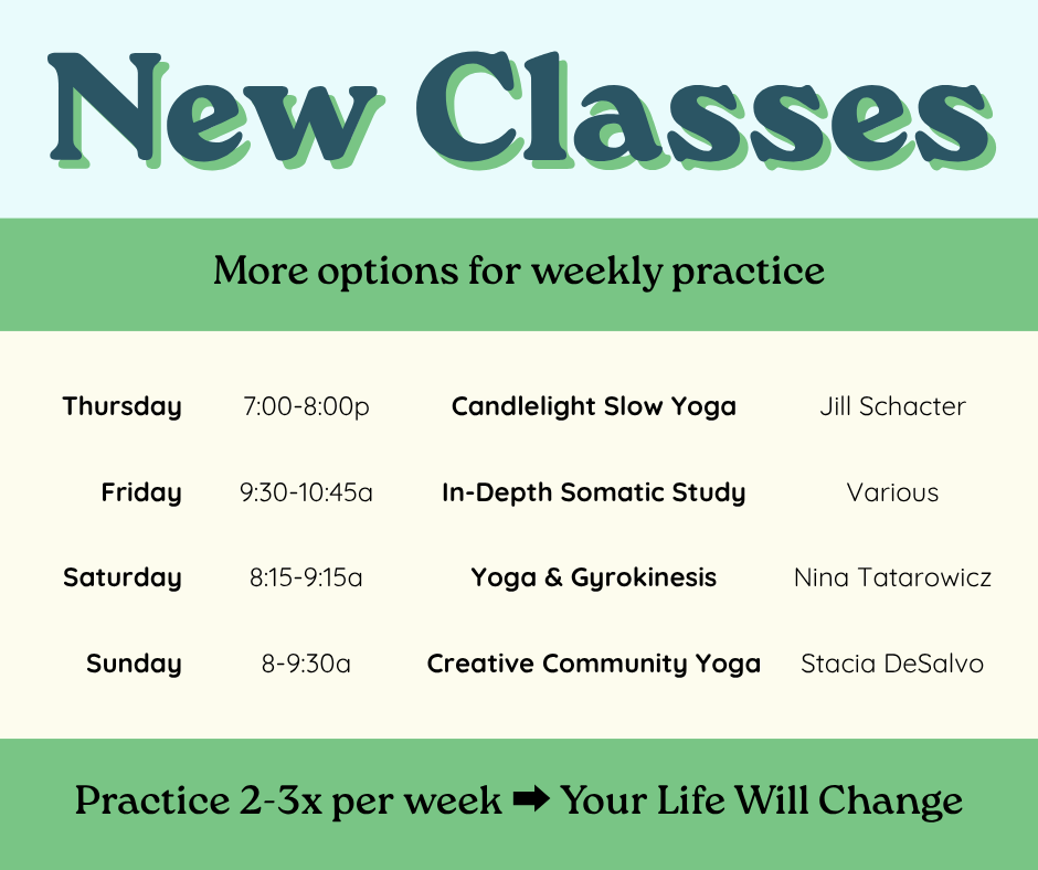 New Classes: Candlelight Slow Yoga with Jill Schacter Thursdays 7-8p, In-Depth Somatic Study Fridays 9:30-10:45a, Yoga & Gyrokinesis with Nina Tatarowicz Saturdays 8:15-9:15a, Creative Community Yoga with Stacia DeSalvo Sundays 8-9:30a